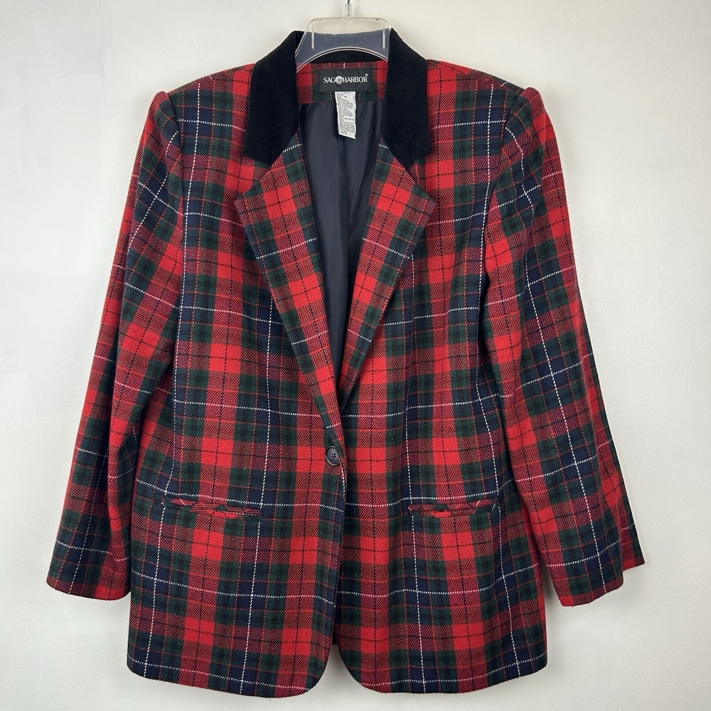 Plaid Blazer Sweater Women 14 Velvet Collar Red Black Check Tartan Notch